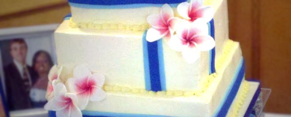 Blue Ribbon and Plumeria wedding cake