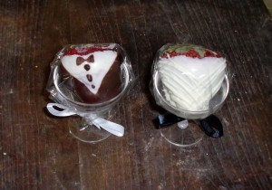 Hand-dipped bride and groom dark and white chocolate strawberries