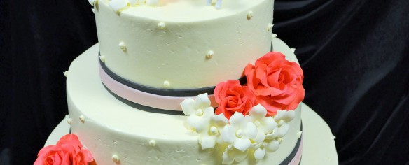Pink and Gray Ribbon Rose Wedding Cake