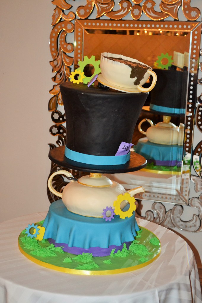 Gravity-defying mad hatter tea party cake